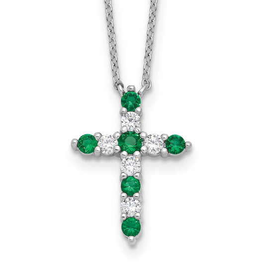 SS Rhodium-plated Green CZ May Birthstone Cross w/2in ext Necklace