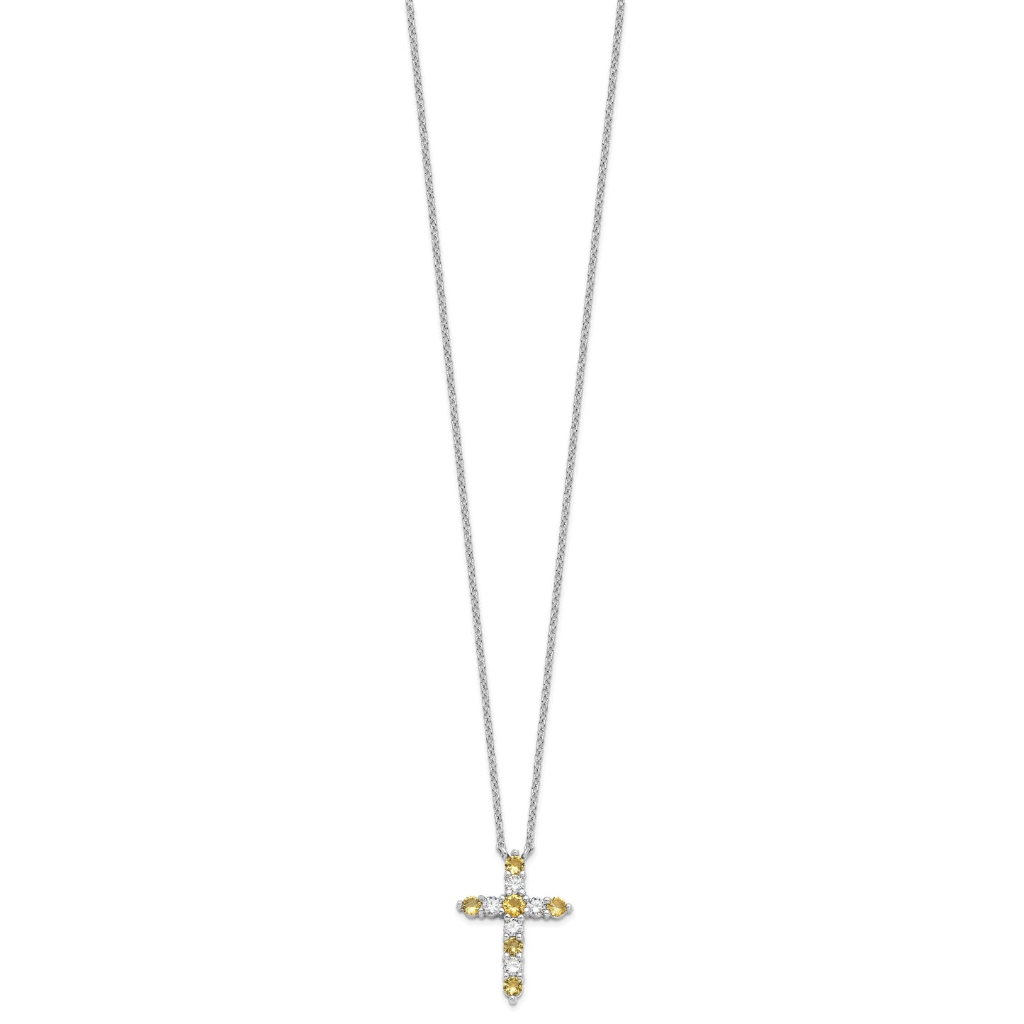 SS Rhodium-plated Yellow CZ Nov Birthstone Cross w/2in ext Necklace