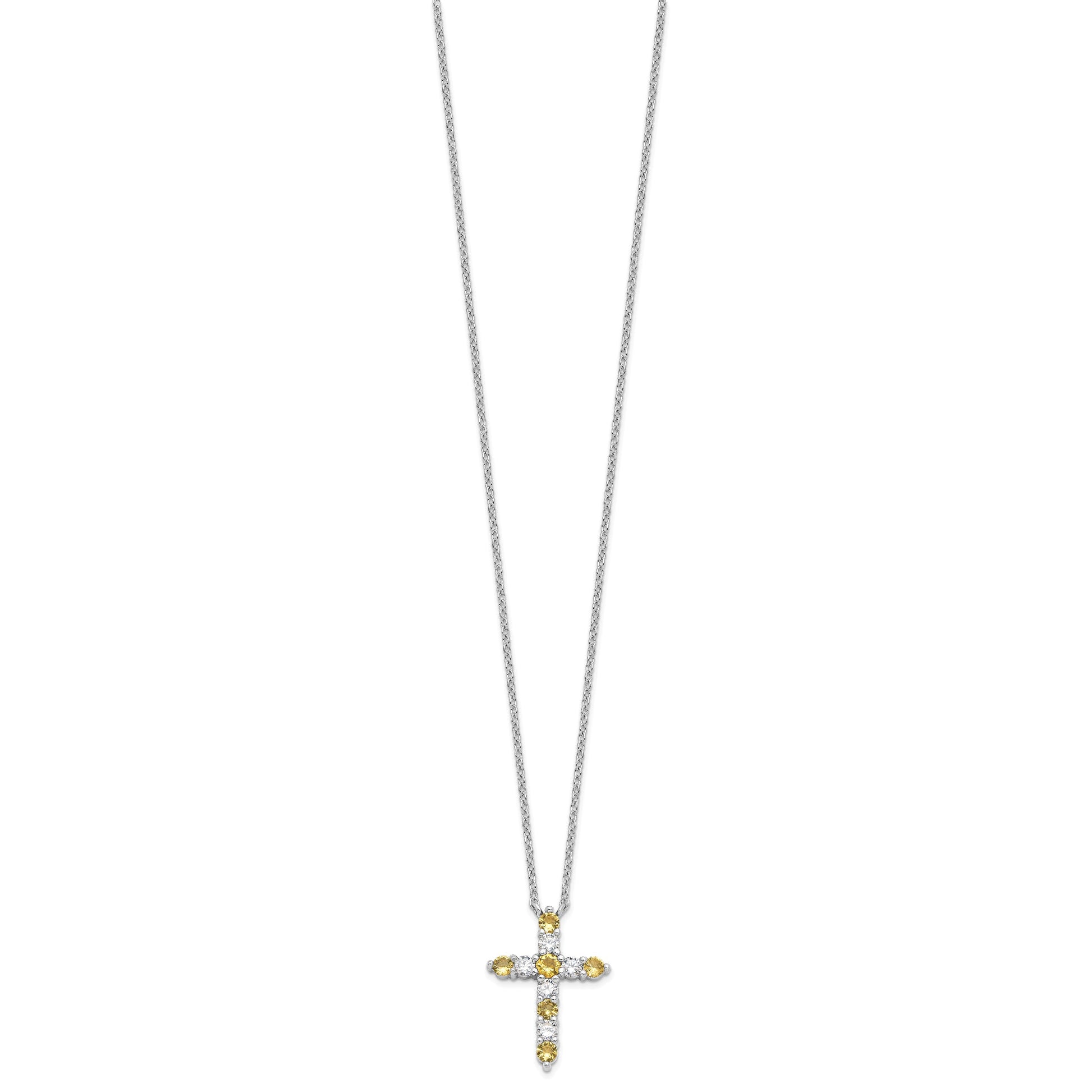 SS Rhodium-plated Yellow CZ Nov Birthstone Cross w/2in ext Necklace