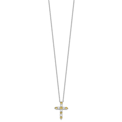 SS Rhodium-plated Yellow CZ Nov Birthstone Cross w/2in ext Necklace