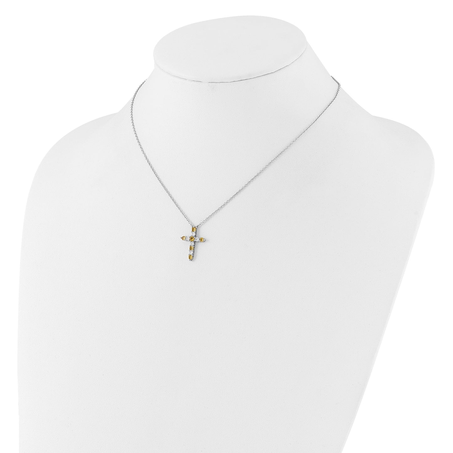 SS Rhodium-plated Yellow CZ Nov Birthstone Cross w/2in ext Necklace