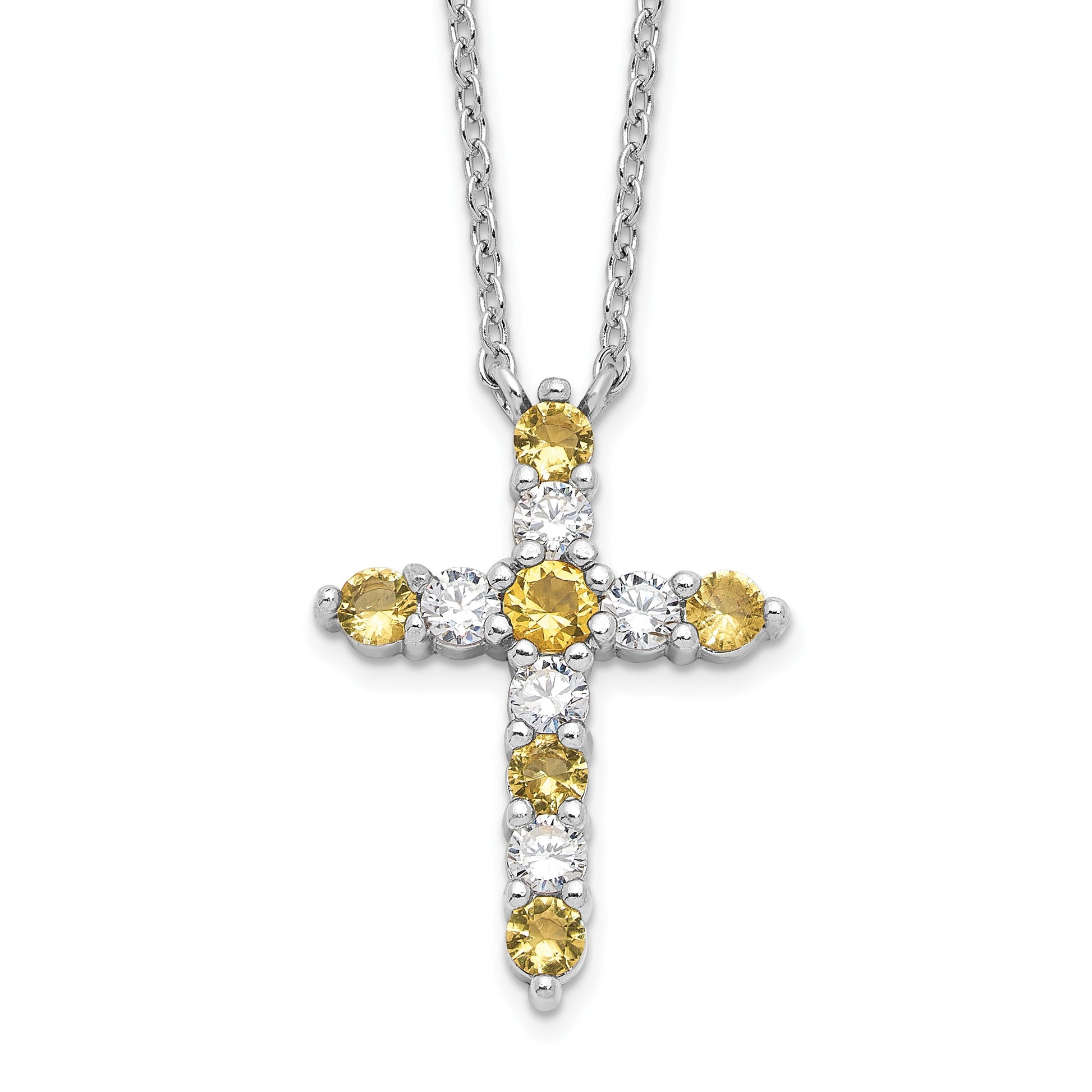 SS Rhodium-plated Yellow CZ Nov Birthstone Cross w/2in ext Necklace