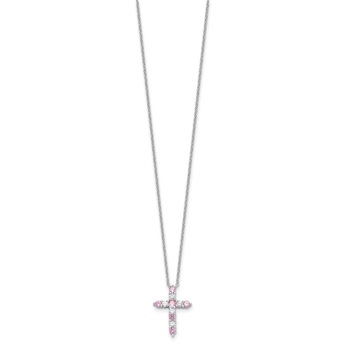 SS Rhodium-plated Pink CZ October Birthstone Cross w/2in ext Necklace