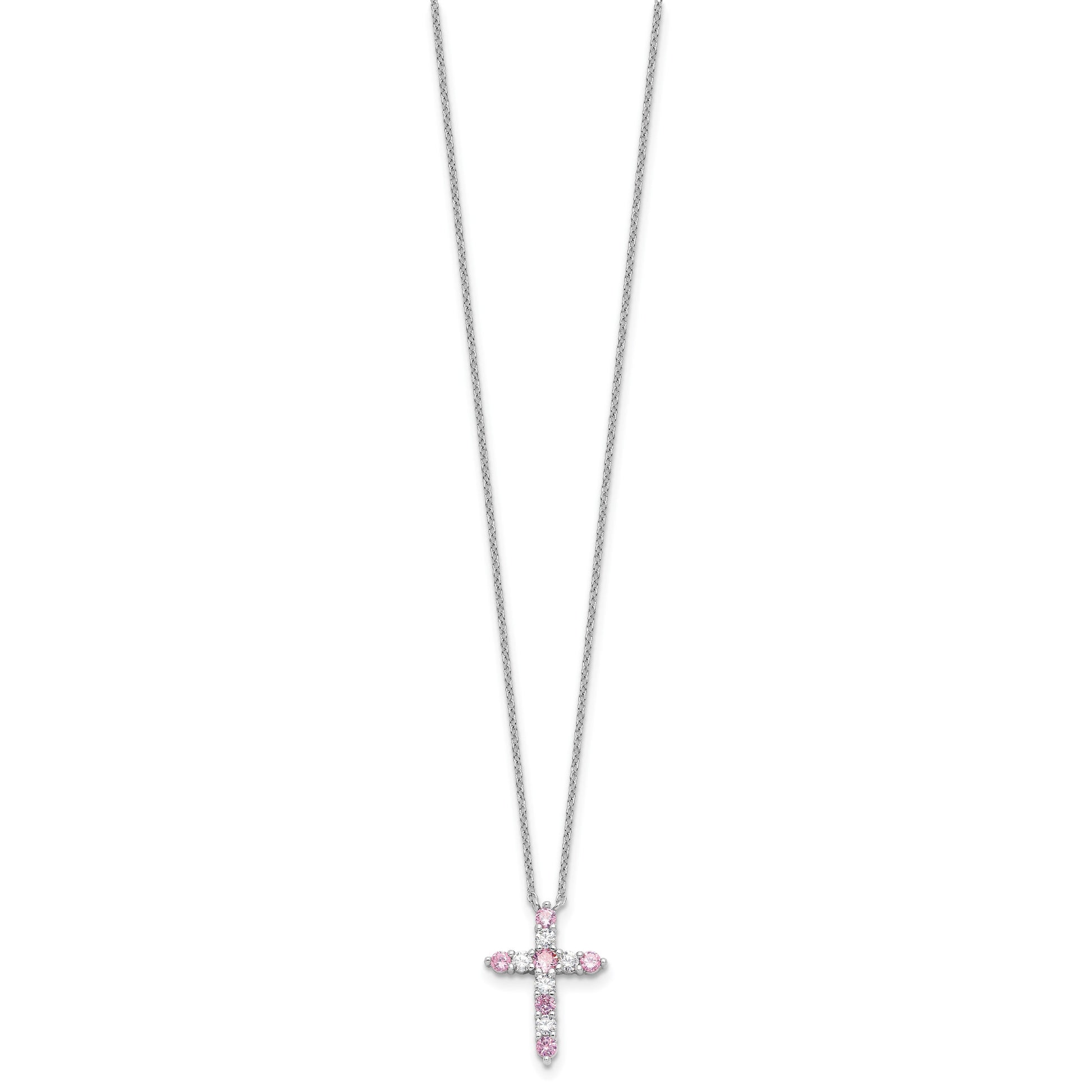 SS Rhodium-plated Pink CZ October Birthstone Cross w/2in ext Necklace
