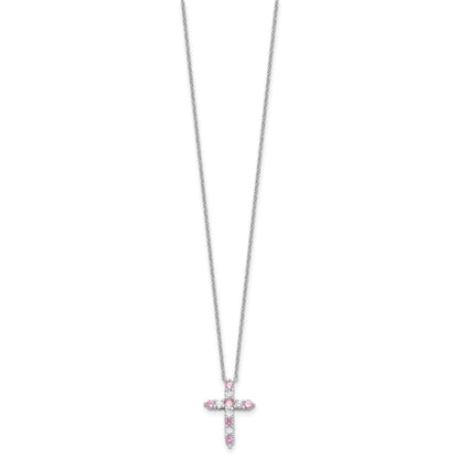 SS Rhodium-plated Pink CZ October Birthstone Cross w/2in ext Necklace