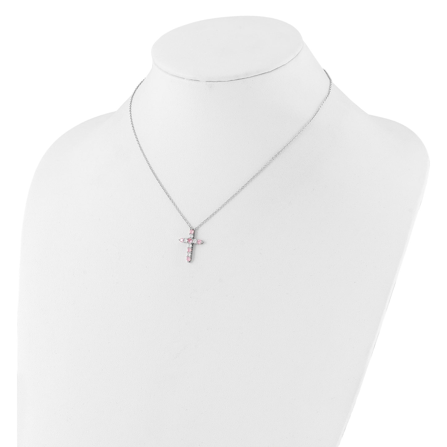 SS Rhodium-plated Pink CZ October Birthstone Cross w/2in ext Necklace