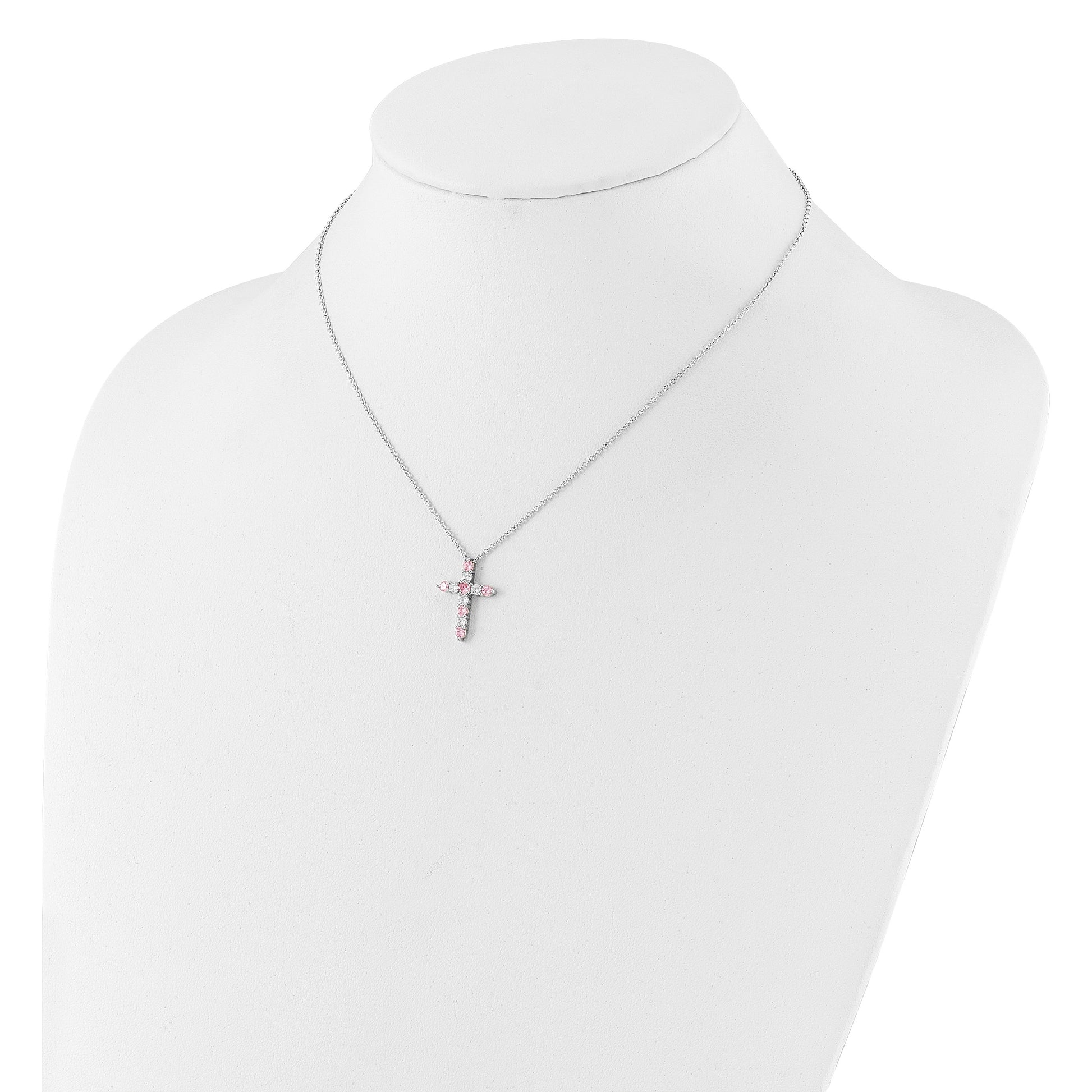 SS Rhodium-plated Pink CZ October Birthstone Cross w/2in ext Necklace