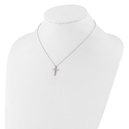 SS Rhodium-plated Pink CZ October Birthstone Cross w/2in ext Necklace