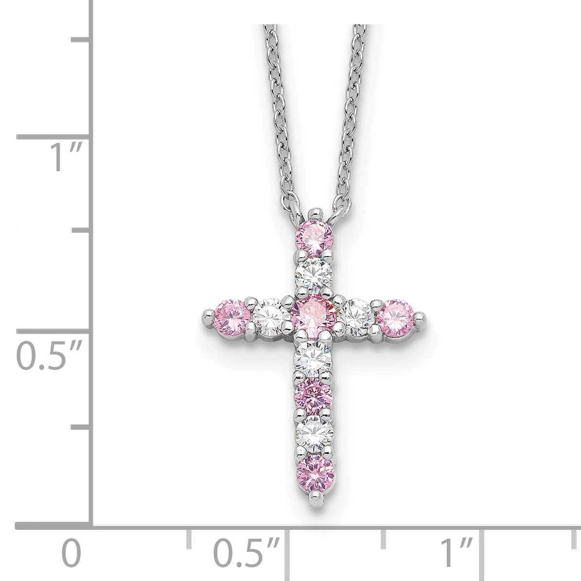 SS Rhodium-plated Pink CZ October Birthstone Cross w/2in ext Necklace