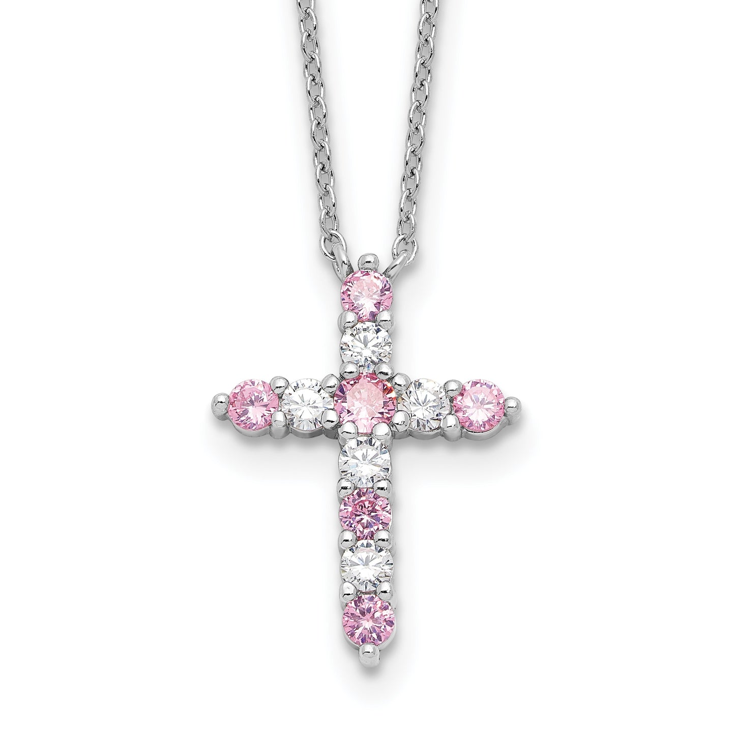 SS Rhodium-plated Pink CZ October Birthstone Cross w/2in ext Necklace
