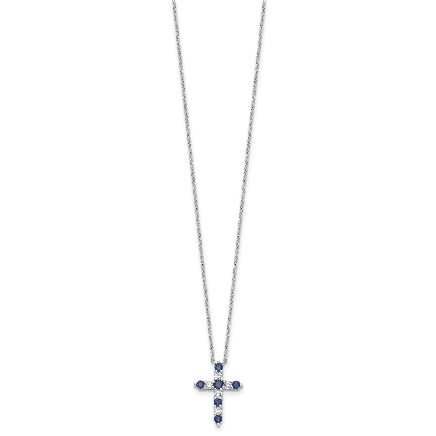 SS Rhodium-plated Dark Blue CZ Sept Birthstone Cross w/2in ext Necklace