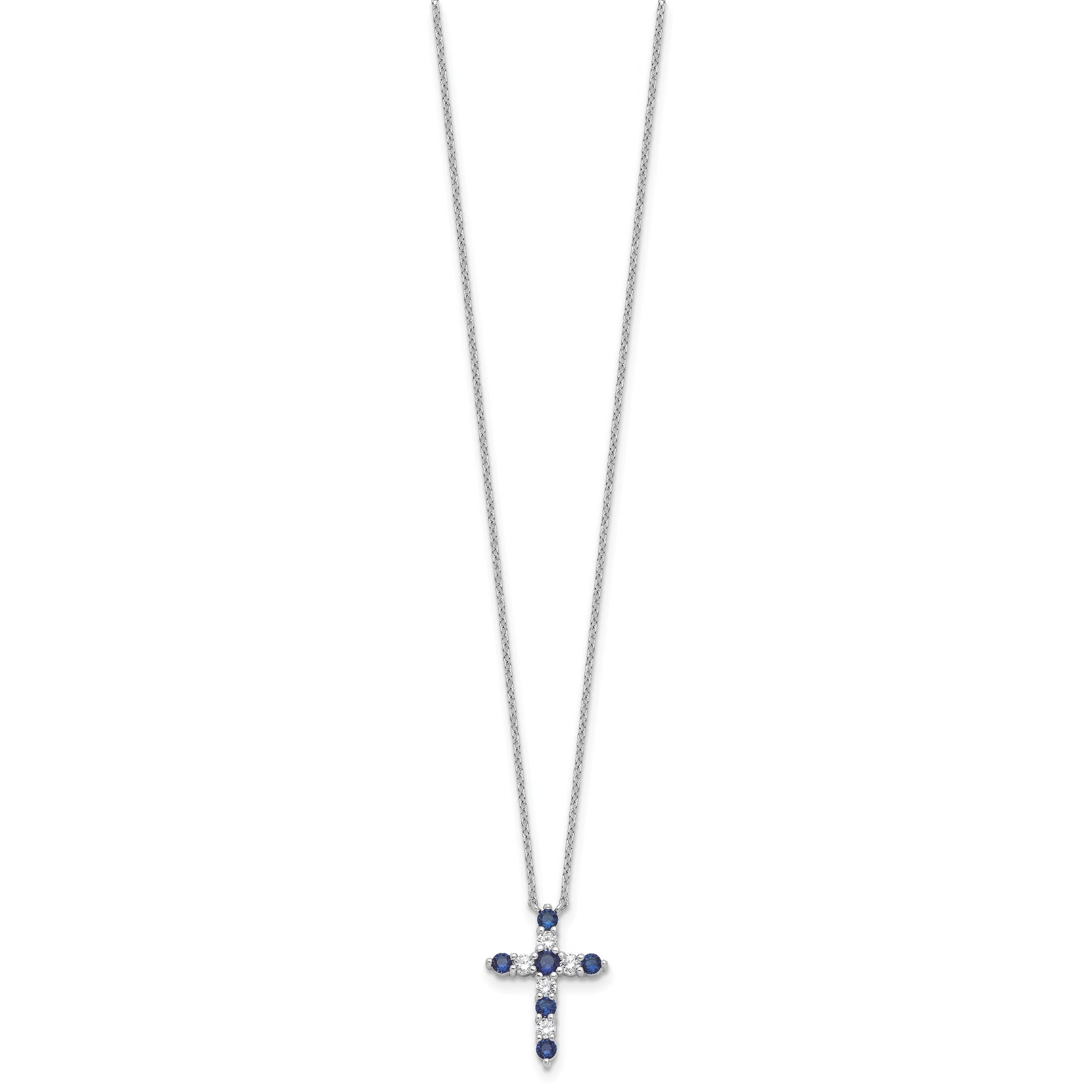 SS Rhodium-plated Dark Blue CZ Sept Birthstone Cross w/2in ext Necklace