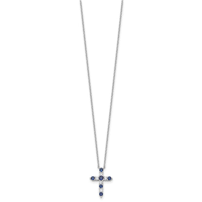 SS Rhodium-plated Dark Blue CZ Sept Birthstone Cross w/2in ext Necklace