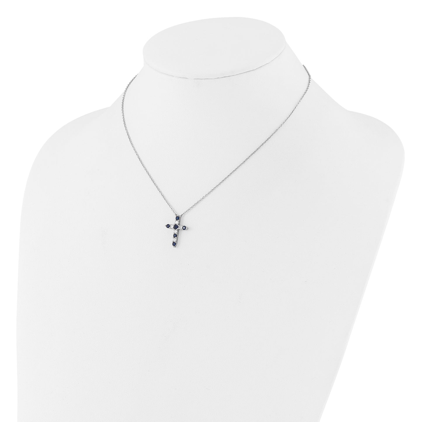 SS Rhodium-plated Dark Blue CZ Sept Birthstone Cross w/2in ext Necklace