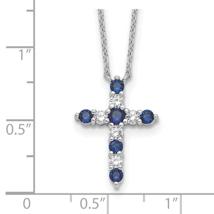 SS Rhodium-plated Dark Blue CZ Sept Birthstone Cross w/2in ext Necklace