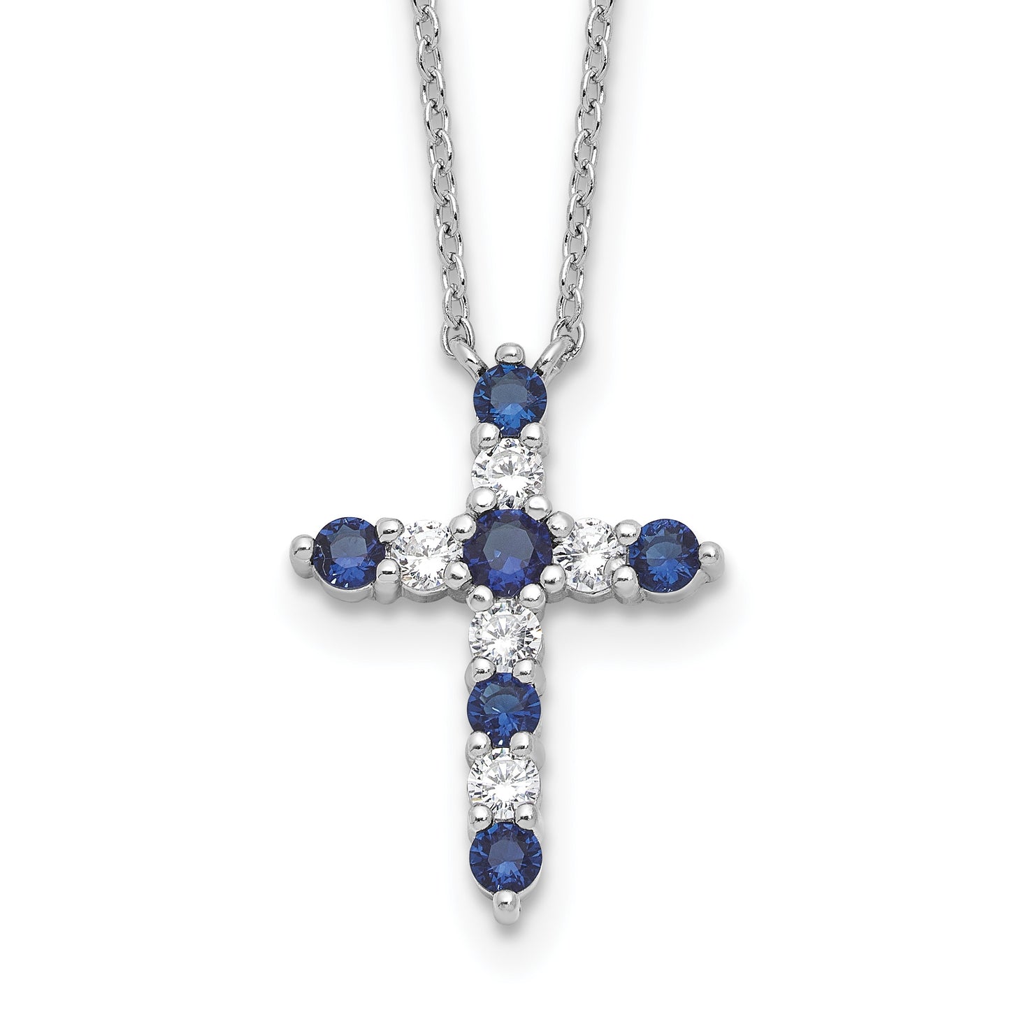 SS Rhodium-plated Dark Blue CZ Sept Birthstone Cross w/2in ext Necklace