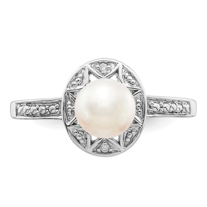 Sterling Silver Rhodium-plated Diam. & FW Cultured Pearl Ring