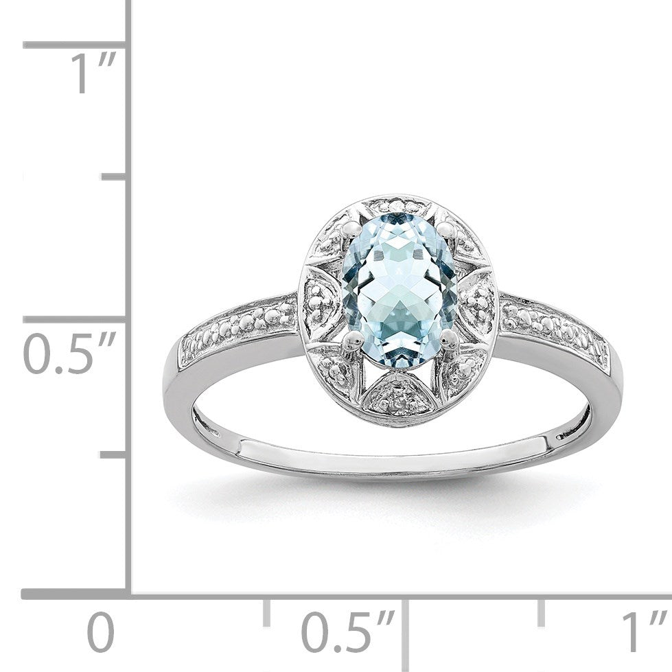 Sterling Silver Rhodium-plated Diam. & Aquamarine Ring