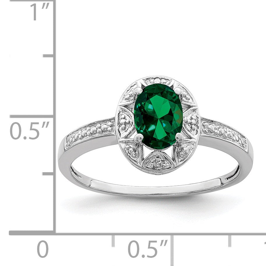 Sterling Silver Rhodium-plated Diam. & Created Emerald Ring