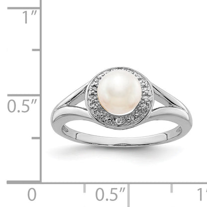 Sterling Silver Rhodium-plated Diam. & FW Cultured Pearl Ring