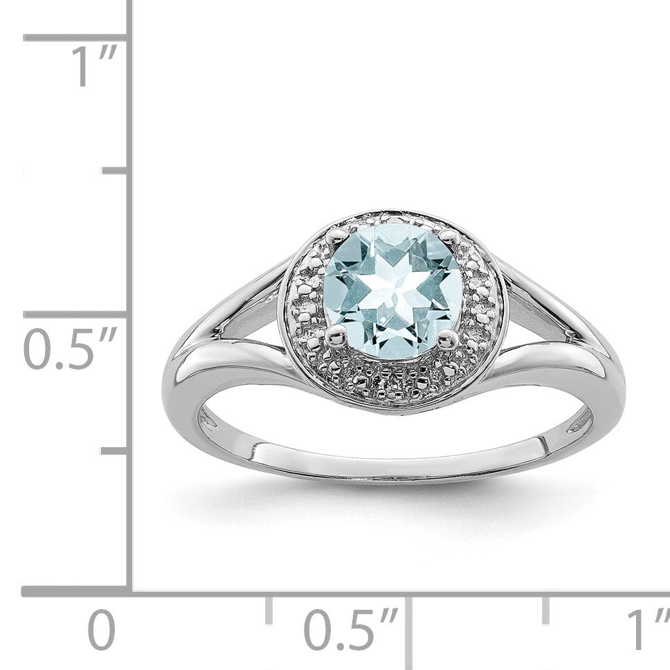 Sterling Silver Rhodium-plated Diam. & Aquamarine Ring