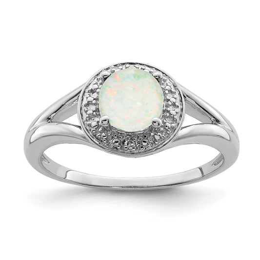 Sterling Silver Rhodium-plated Diam. & Created Opal Ring