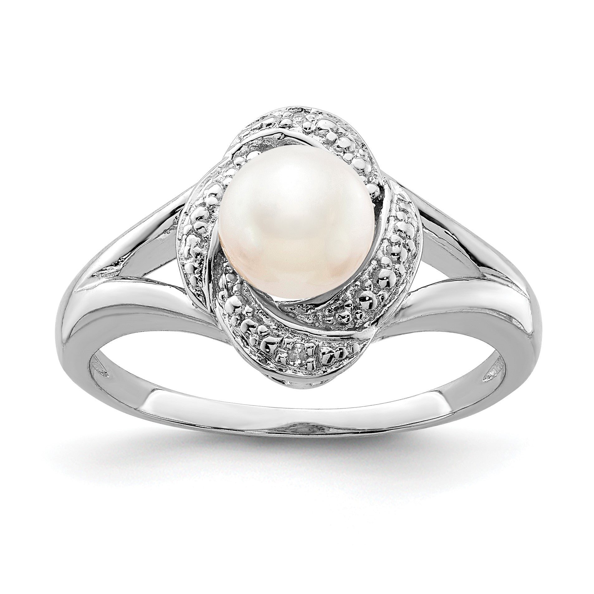 Sterling Silver Rhodium-plated Diam. & FW Cultured Pearl Ring