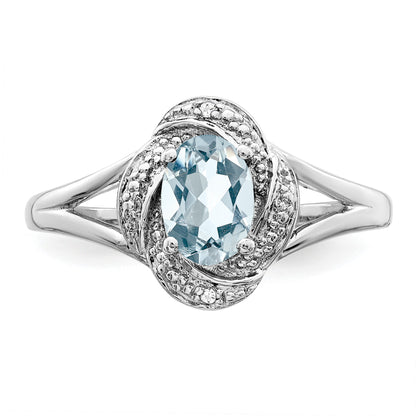 Sterling Silver Rhodium-plated Diam. & Aquamarine Ring