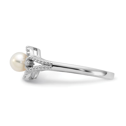 Sterling Silver Rhodium-plated FW Cultured Pearl & Diam. Ring