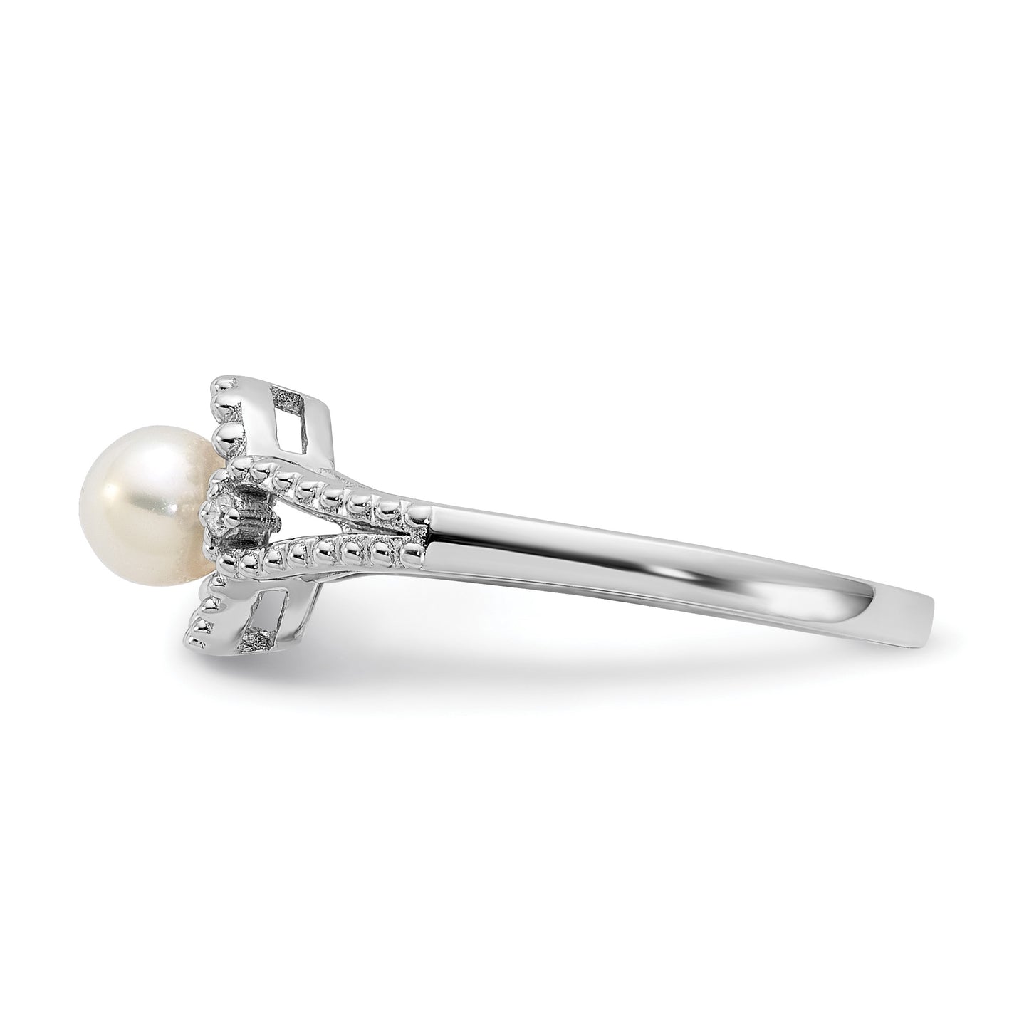 Sterling Silver Rhodium-plated FW Cultured Pearl & Diam. Ring