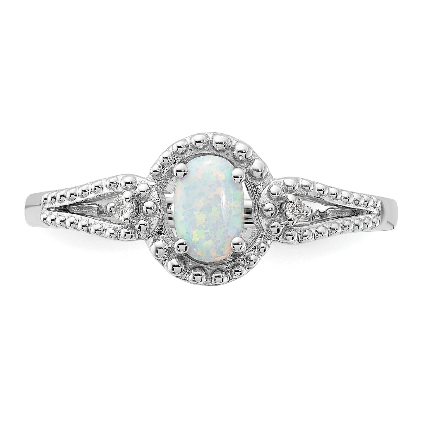 Sterling Silver Rhodium-plated Created Opal & Diam. Ring