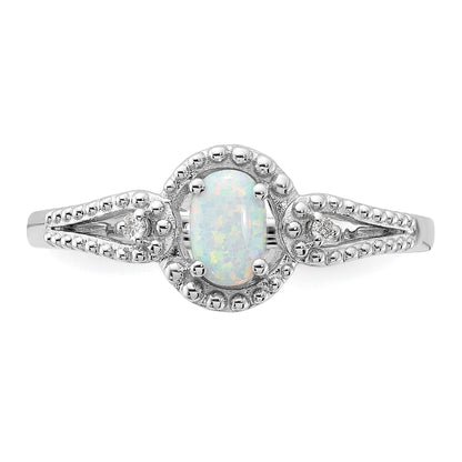 Sterling Silver Rhodium-plated Created Opal & Diam. Ring