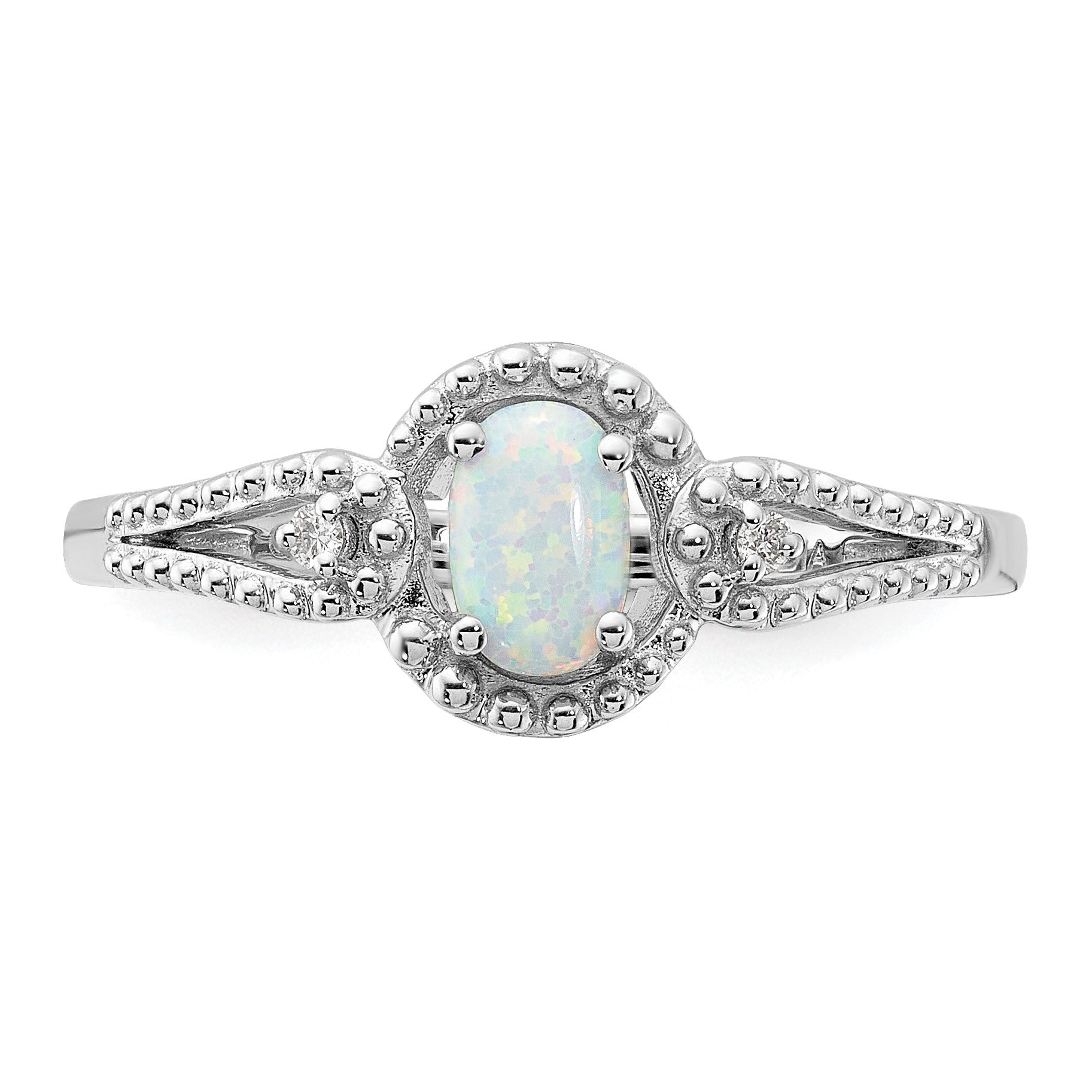 Sterling Silver Rhodium-plated Created Opal & Diam. Ring