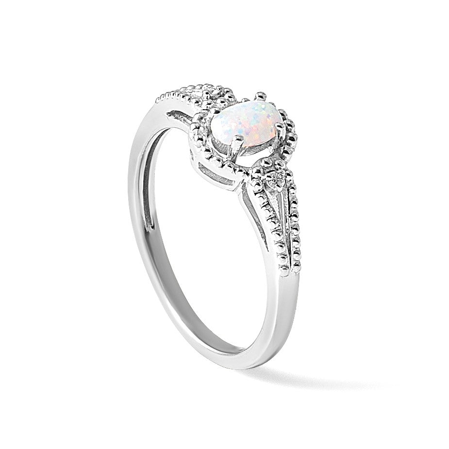 Sterling Silver Rhodium-plated Created Opal & Diam. Ring