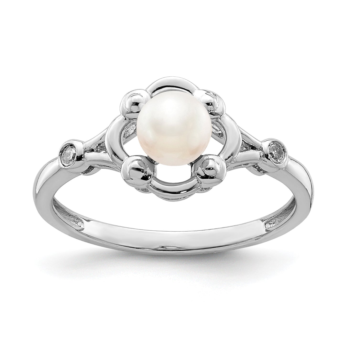 Sterling Silver Rhodium-plated FW Cultured Pearl & Diam. Ring