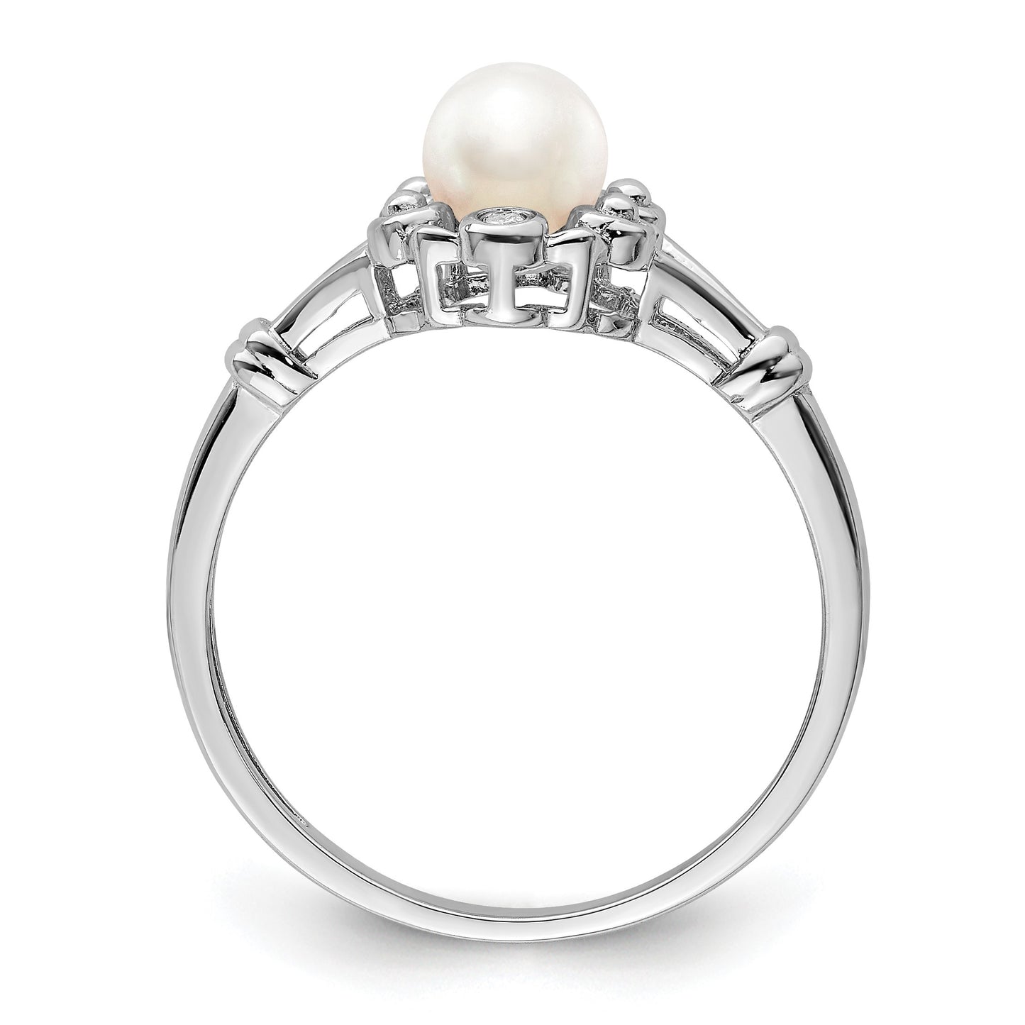 Sterling Silver Rhodium-plated FW Cultured Pearl & Diam. Ring