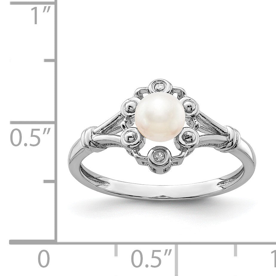 Sterling Silver Rhodium-plated FW Cultured Pearl & Diam. Ring