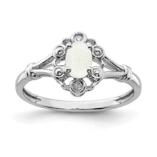 Sterling Silver Rhodium-plated Created Opal & Diam. Ring