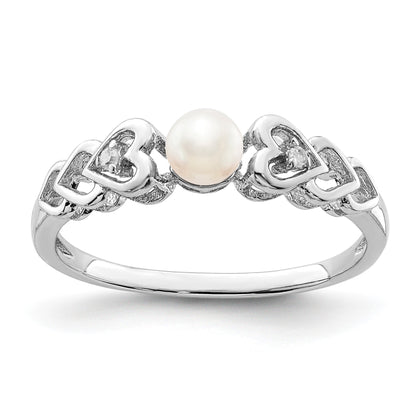 Sterling Silver Rhodium-plated FW Cultured Pearl & Diam. Ring