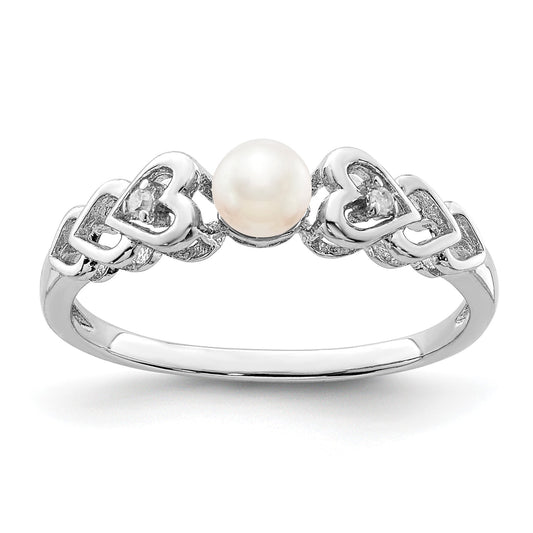 Sterling Silver Rhodium-plated FW Cultured Pearl & Diam. Ring