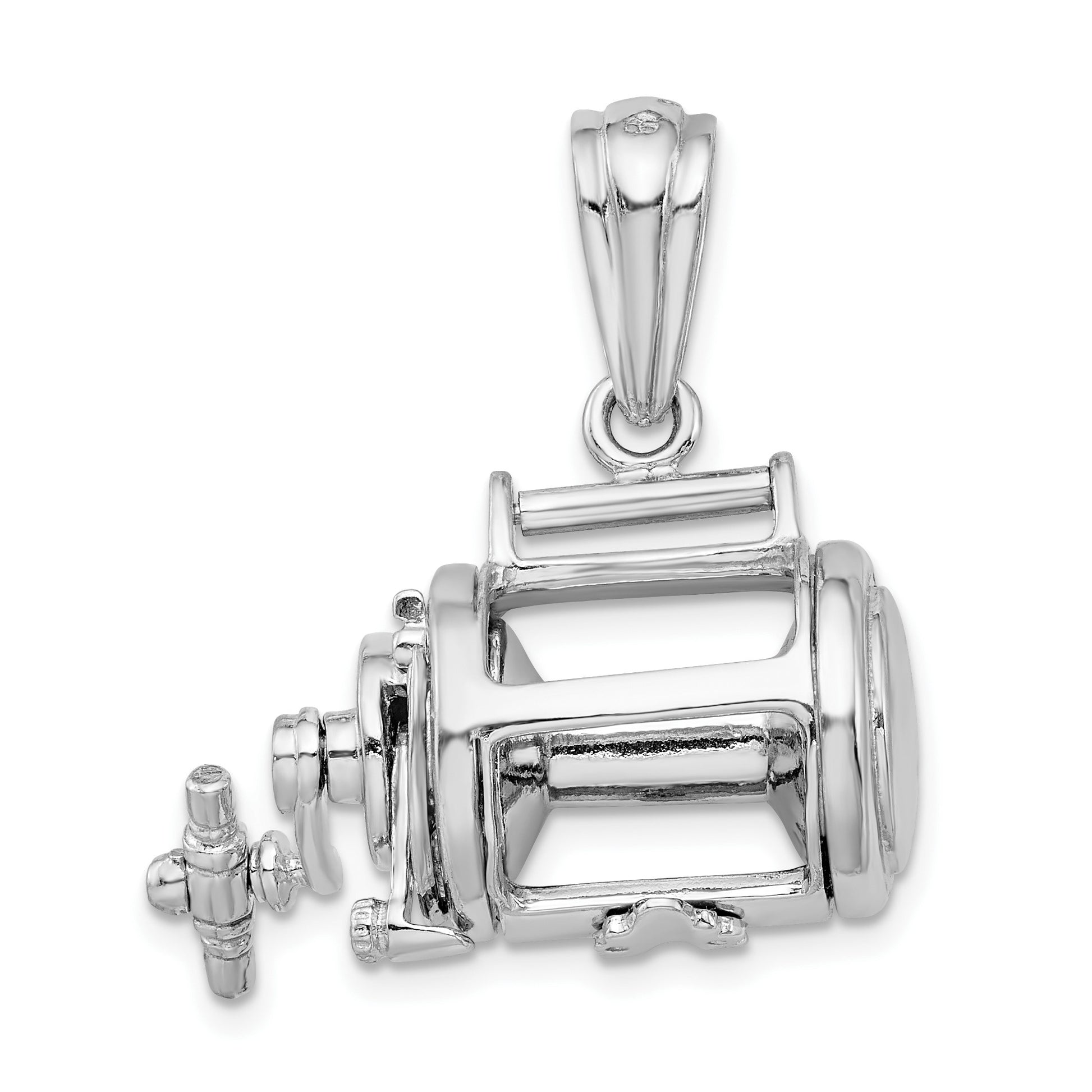 De-Ani Sterling Silver Rhodium-Plated Polished 3D Moveable Fishing Reel Pendant