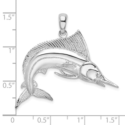 De-Ani Sterling Silver Rhodium-Plated Polished and Satin Striped Marlin Pendant