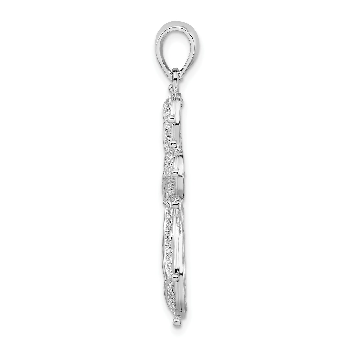 De-Ani Sterling Silver Rhodium-Plated Scroll Diamond-Cut Rounded Cross Pendant