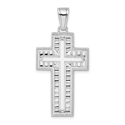 De-Ani Sterling Silver Rhodium-Plated Rope Edge Latin Cross Pendant