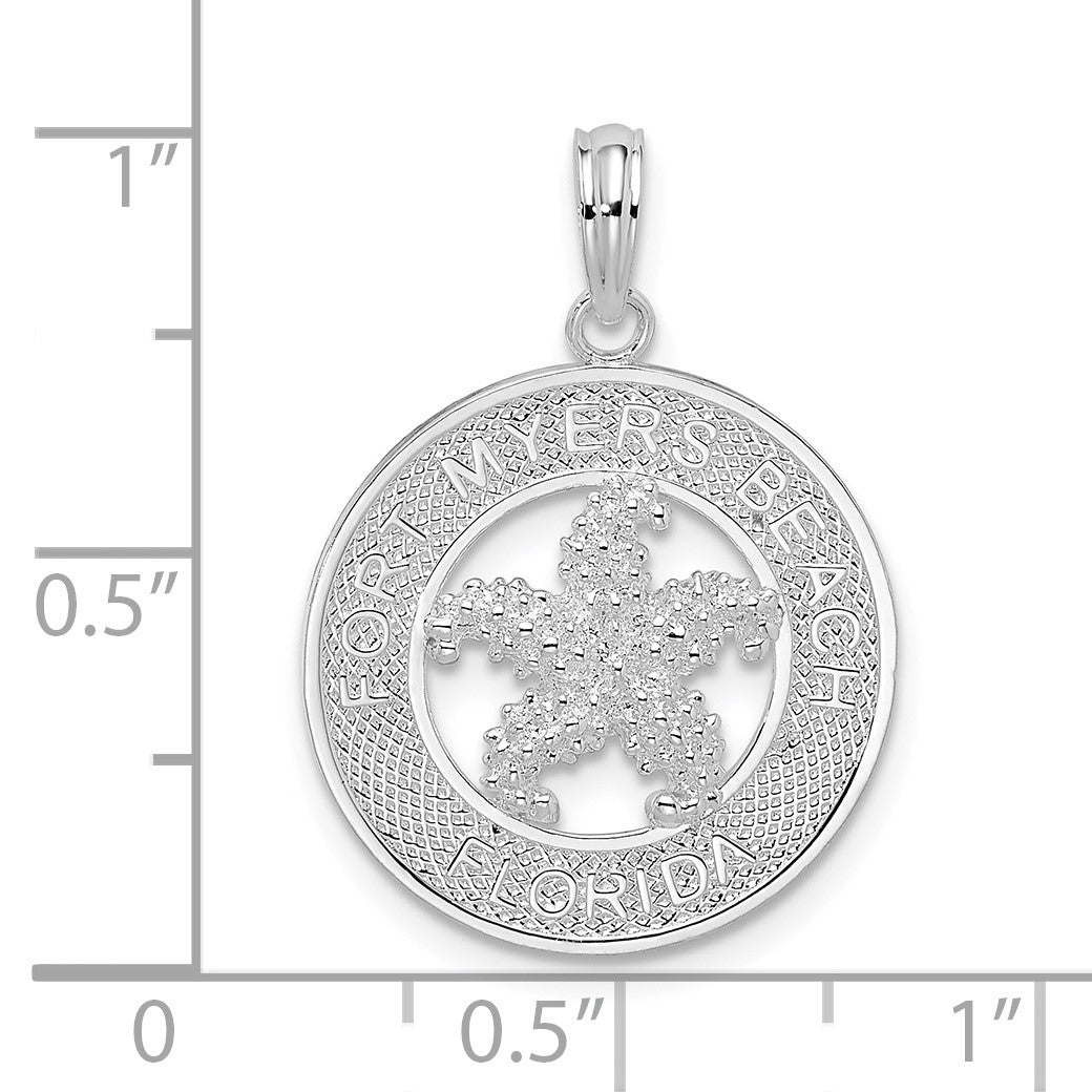 De-Ani Sterling Silver Rhodium-Plated Fort Myers Beach Florida Circle with Starfish Pendant