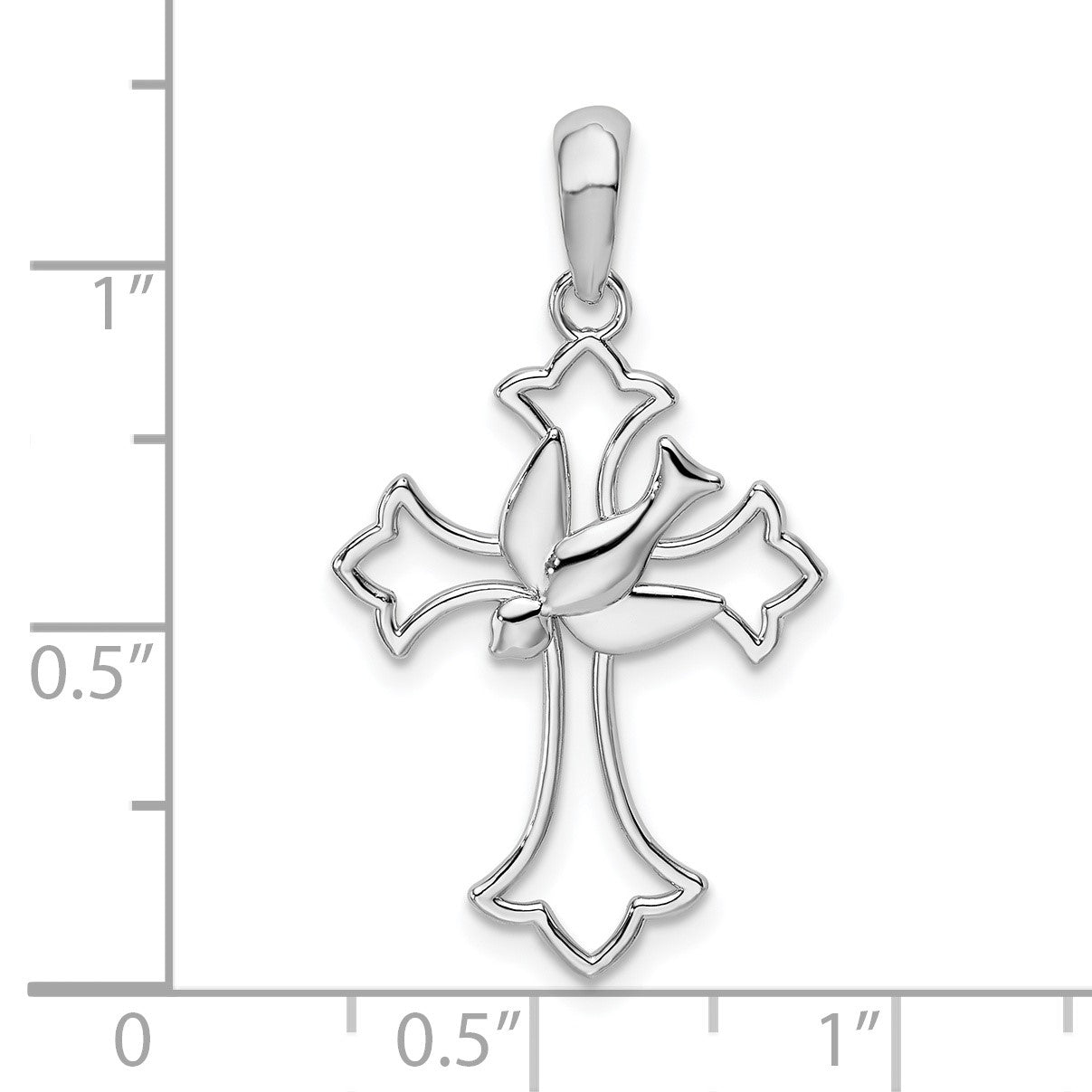 De-Ani Sterling Silver Rhodium-Plated Cut-Out Fleur de Lis Cross with Dove Pendant