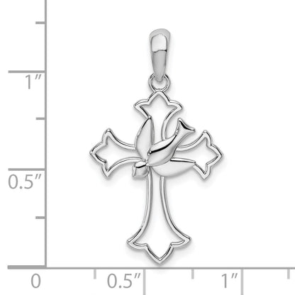De-Ani Sterling Silver Rhodium-Plated Cut-Out Fleur de Lis Cross with Dove Pendant