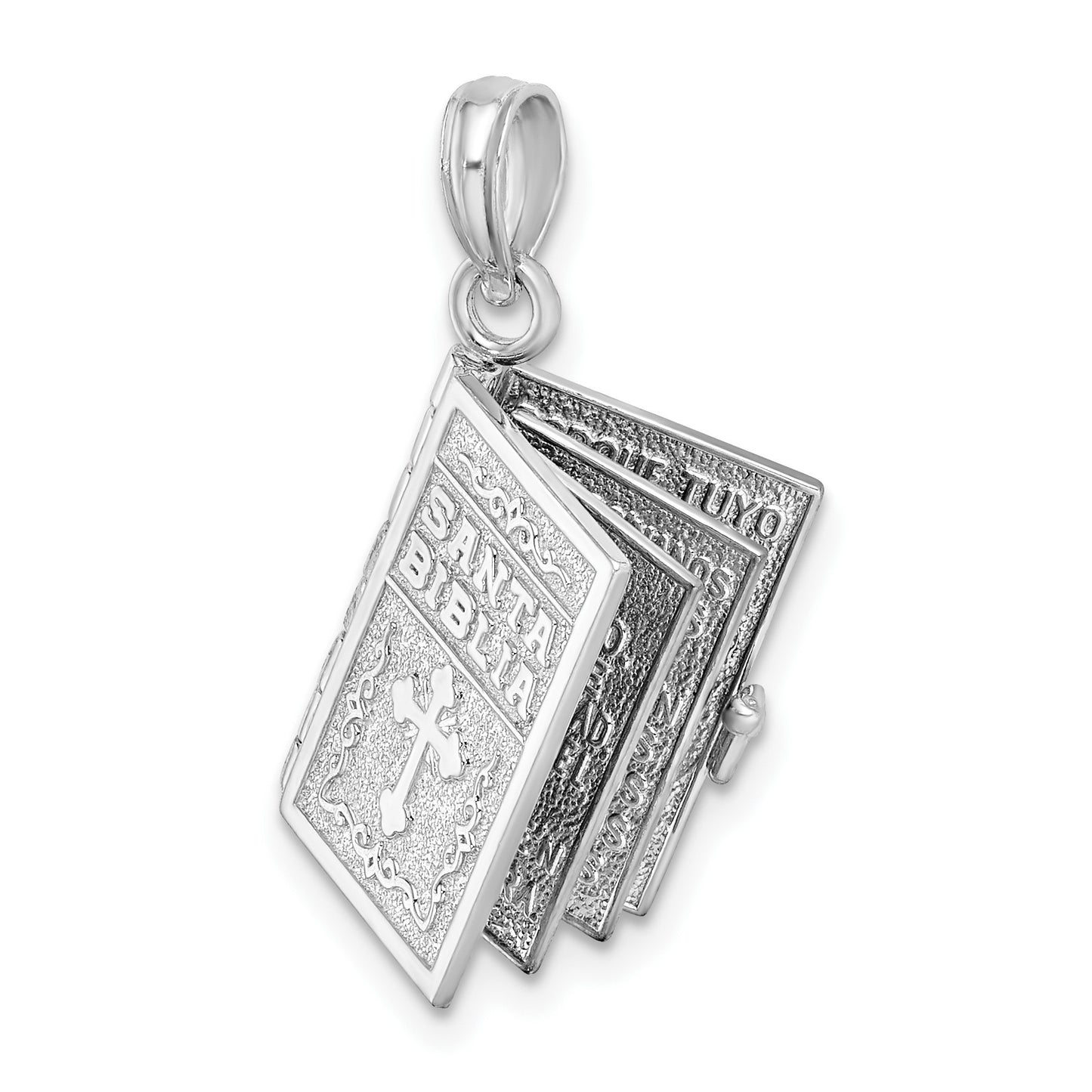 De-Ani Sterling Silver Rhodium-Plated Moveable 3D Spanish Santa Biblia Pendant