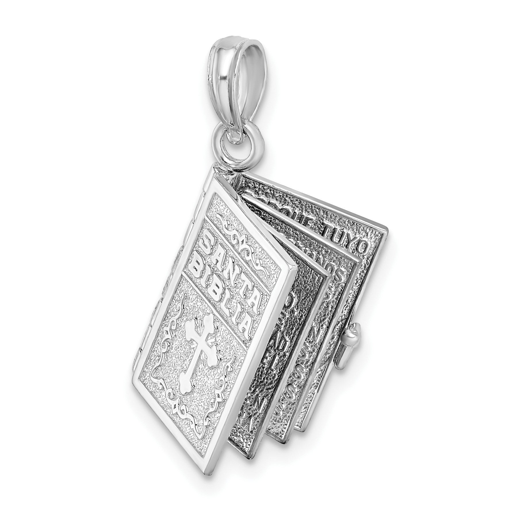 De-Ani Sterling Silver Rhodium-Plated Moveable 3D Spanish Santa Biblia Pendant