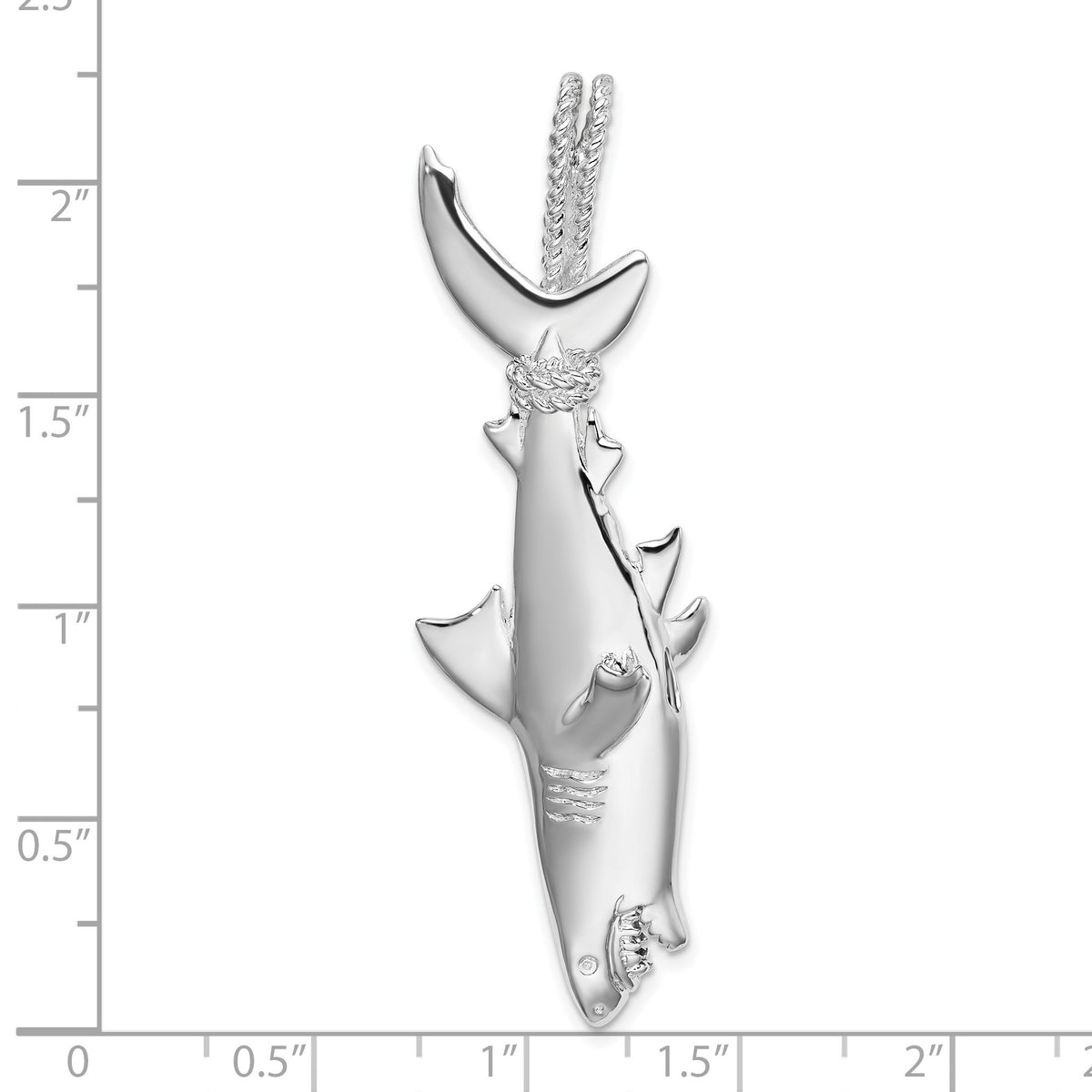 De-Ani Sterling Silver Rhodium-plated Polished 3D Shark Hanging from Rope Pendant